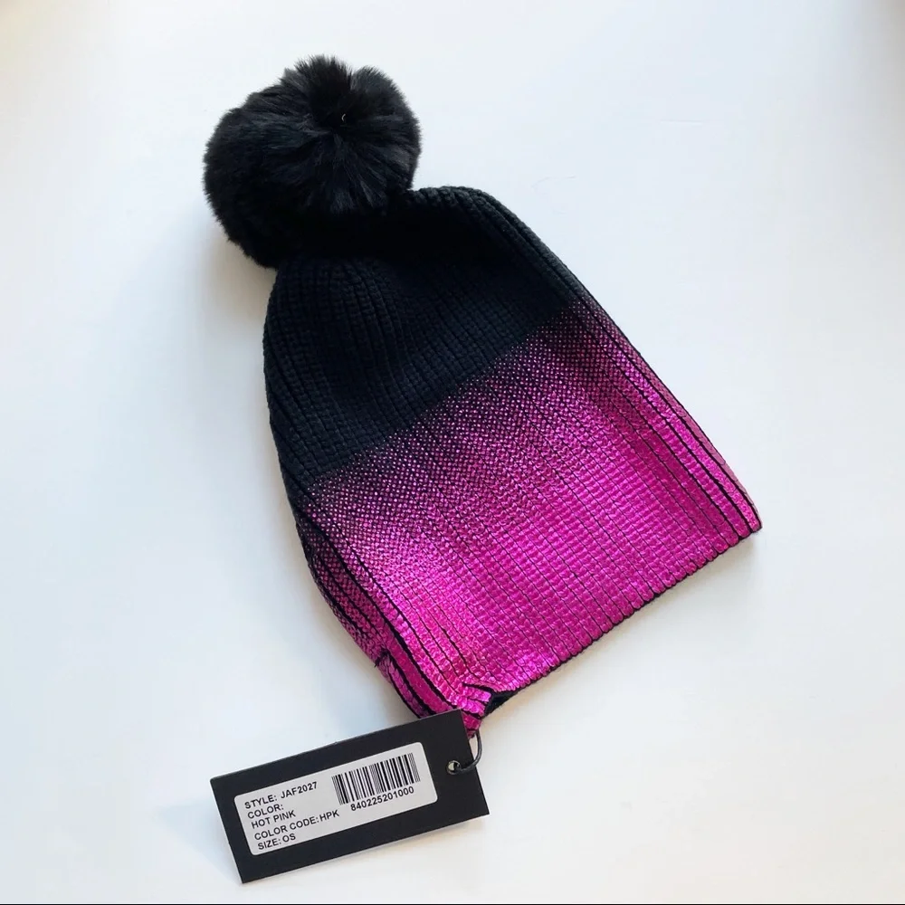 Jocelyn NWT Black Hot Pink Metallic Faux Fur Beanie Winter Hat - Picture 6 of 6